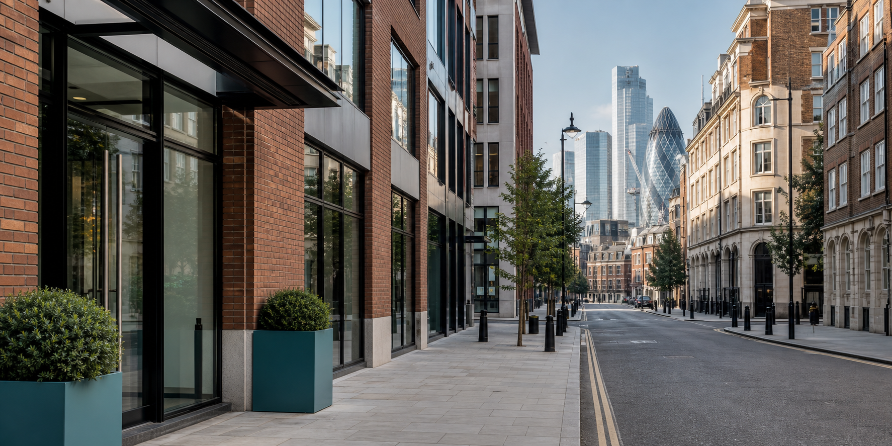 A calm London business street with modern office buildings