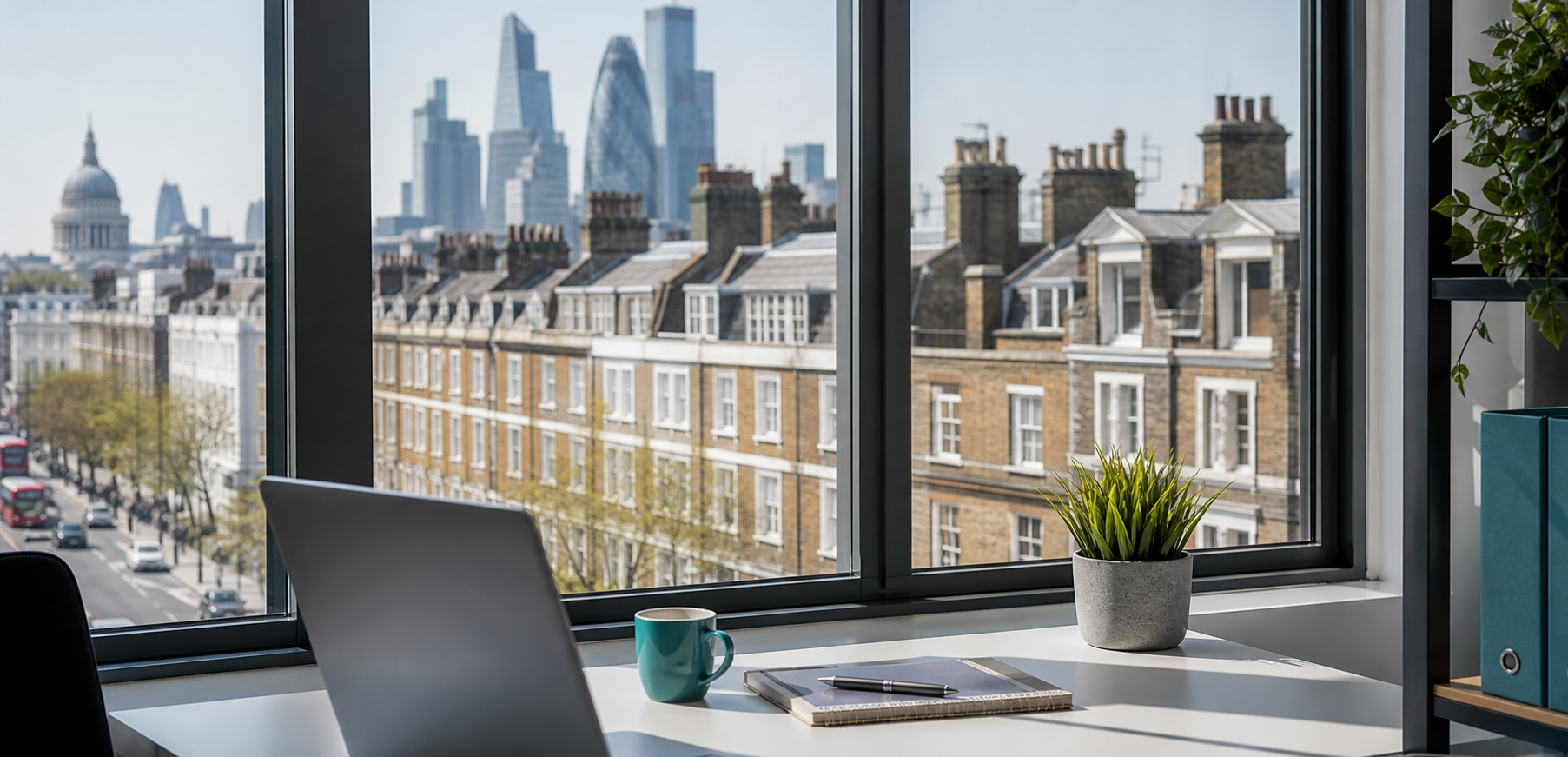 A clean London office workspace with city buildings outside