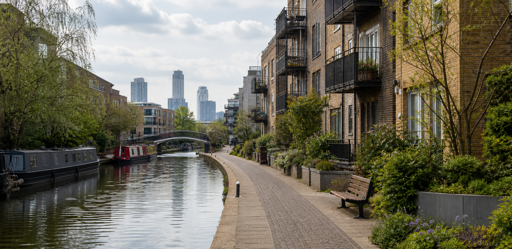 A quiet London canal walkway near brick buildings