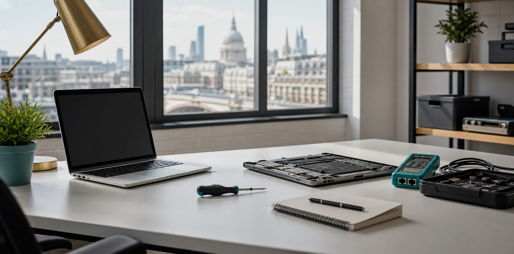 A professional laptop technical service desk in a London workspace